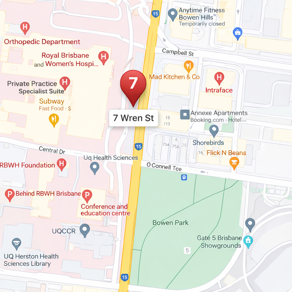 Map showing the location of 7 Wren Street, Bowen Hills near Royal Brisbane and Women's Hospital and Bowen Park in Brisbane