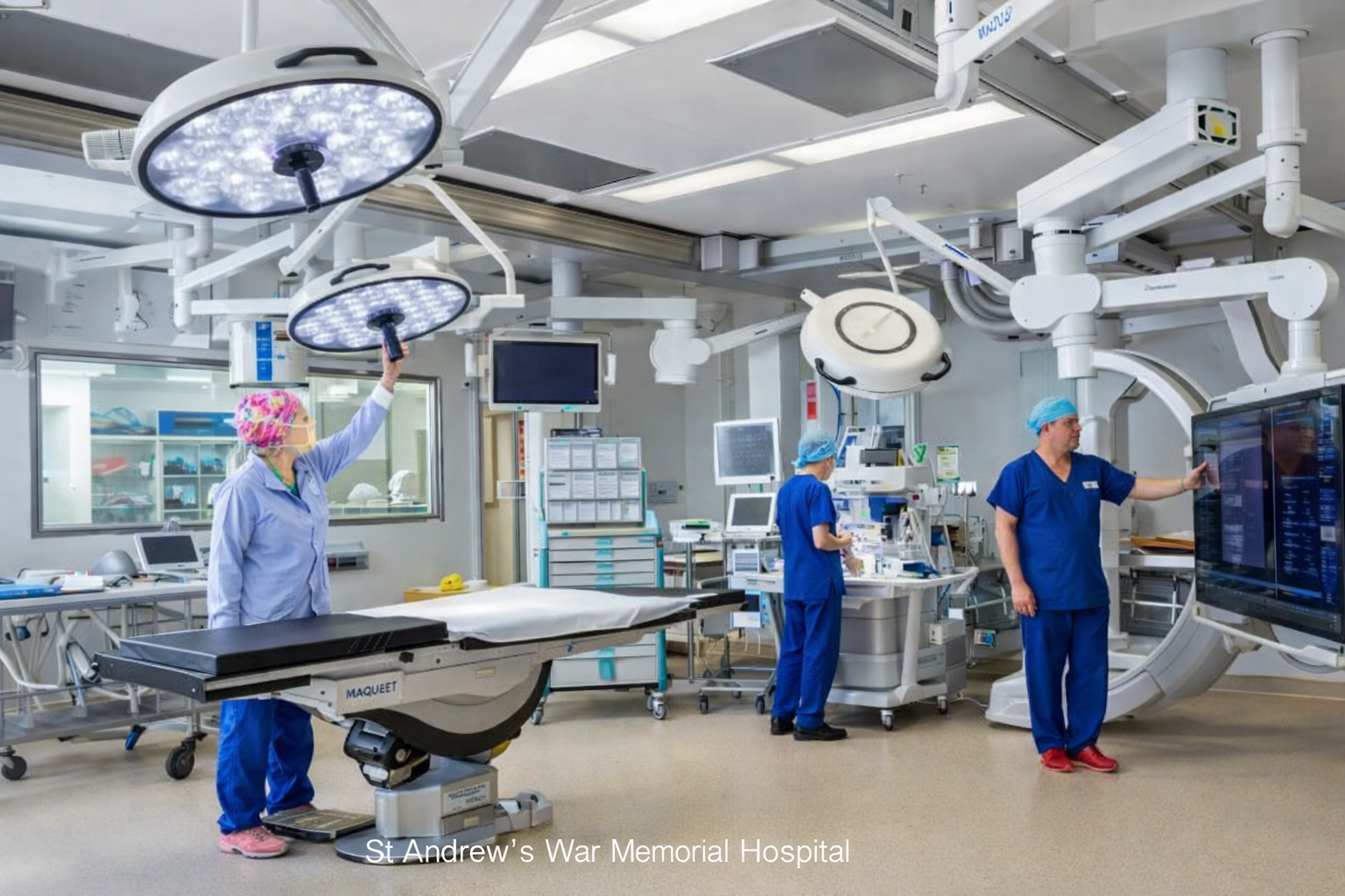 Modern operating theatre with surgeons and advanced surgical equipment at St Andrew’s War Memorial Hospital Brisbane