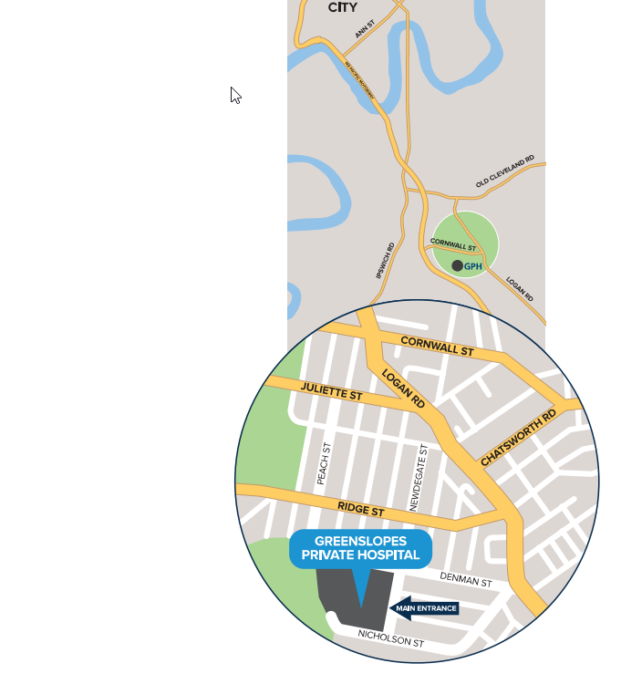Map showing the location of Greenslopes Private Hospital in Brisbane, Queensland, Australia